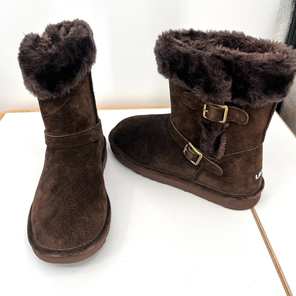 LAMO Leather Boots Dark Brown Size 10‎ Women's Ankle Straps Fur Trim Slip-On